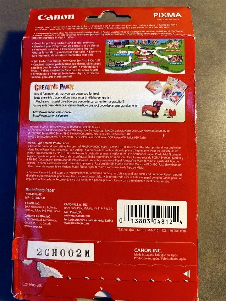 Canon Printer Photo Matte Paper, 4" x 6", 120 Sheets, brand New,MP-101,Inkjet  - Image 2 of 3