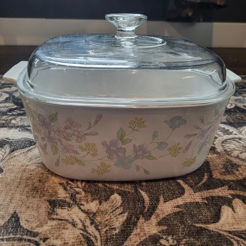 ​Vtg CorningWare Pastel Bouquet 5L Casserole Dish A-5-B w/ Pyrex Lid A-12-C Rare