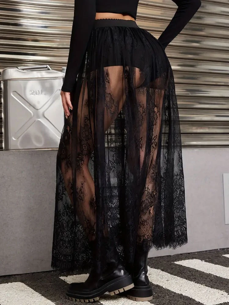 OFF WHITE Abito donna estivo vita alta elastico pizzo vedere attraverso gonne lungo gotico festa