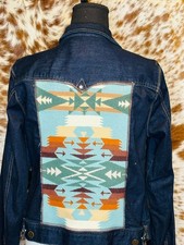 OOAK Upcycled Western Jean jacket w.Teal multicolor Aztec Pendleton Wool- L