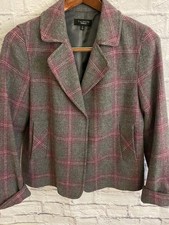 Talbots Blazer Jacket Gray Pink Plaid Lined Wool Blend Womens Size 12