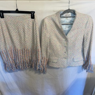Vtg Rickie Freeman Teri Jon Tweed Outfit Womens Size 12 Multicolor Jacket Skirt