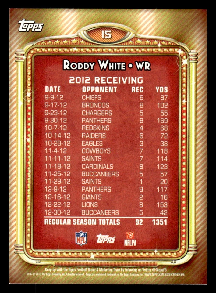 2013 Topps #15 Roddy White 1000 Yard Club Card Atlanta Falcons - Image 2 of 2