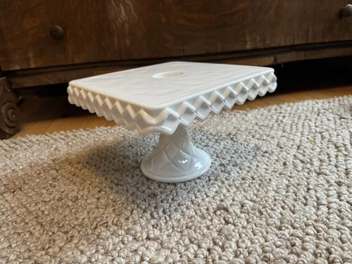 Vintage Pedestal Indiana Glass Colony Diamond Square Milk Glass Cake Plate