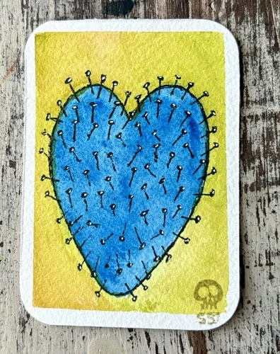 Original ACEO Blue Heart With Nails OOAK Hand Painted Signed 2.5" x 3.5"