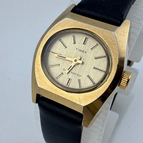 Vintage Timex Hand-Winding Mechanical Watch Women Gold Tone Leather Oval Analog