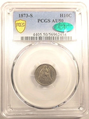 Pop 1 Of 2 CAC Stickered 1873-S AU50 - Liberty Seated Half Dime PCGS Graded
