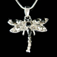 ~BLACK DRAGONFLY made with Swarovski Crystal Bridal Wedding Charm Chain Necklace