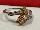 Vintage 925 Sterling Silver & 10k Yellow Gold Diamond Flower BAND RING SIZE 7.5