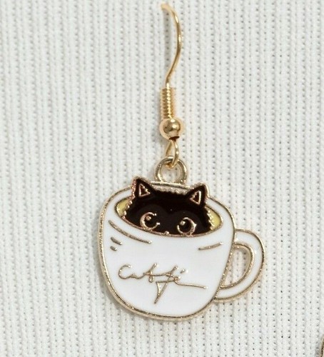 Cute Black Cat in White Coffee Cup Kitty Hook Dangle Drop Earrings Adorable Gift - Picture 2 of 2