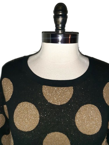 ANN TAYLOR Size L Sweater Top Black Gold Sparkle Polka Dots Long Sleeve - Picture 2 of 4