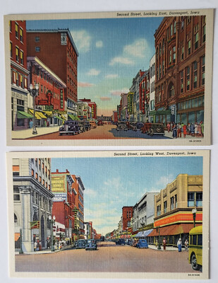 PR 1939 PC VIEWS SECOND STREET LOOKING BOTH EAST & WEST DAVENPORT IA NOS MINT *