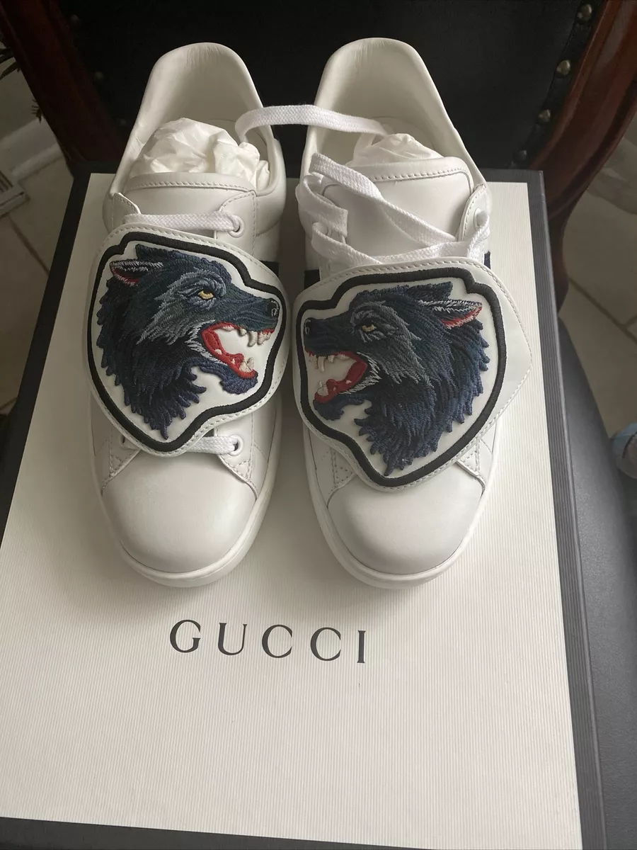 GUCCI calfskin web wolf embroidered ACE sneakers 5 white NEW