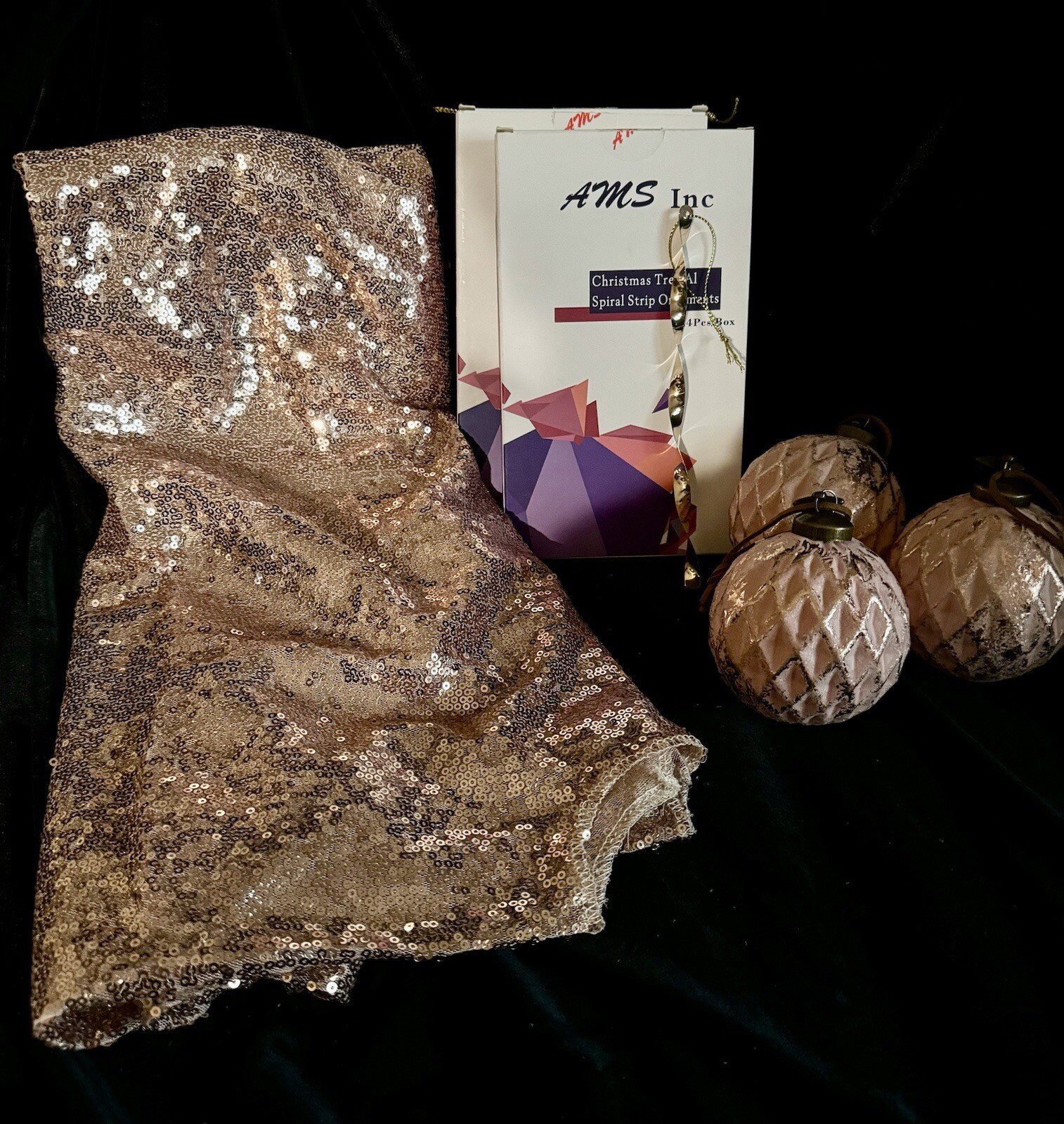 NWT & NWOT Copper/Rose Gold Sequin Tree Skirt & 51 Copper/Rose Gold Ornaments