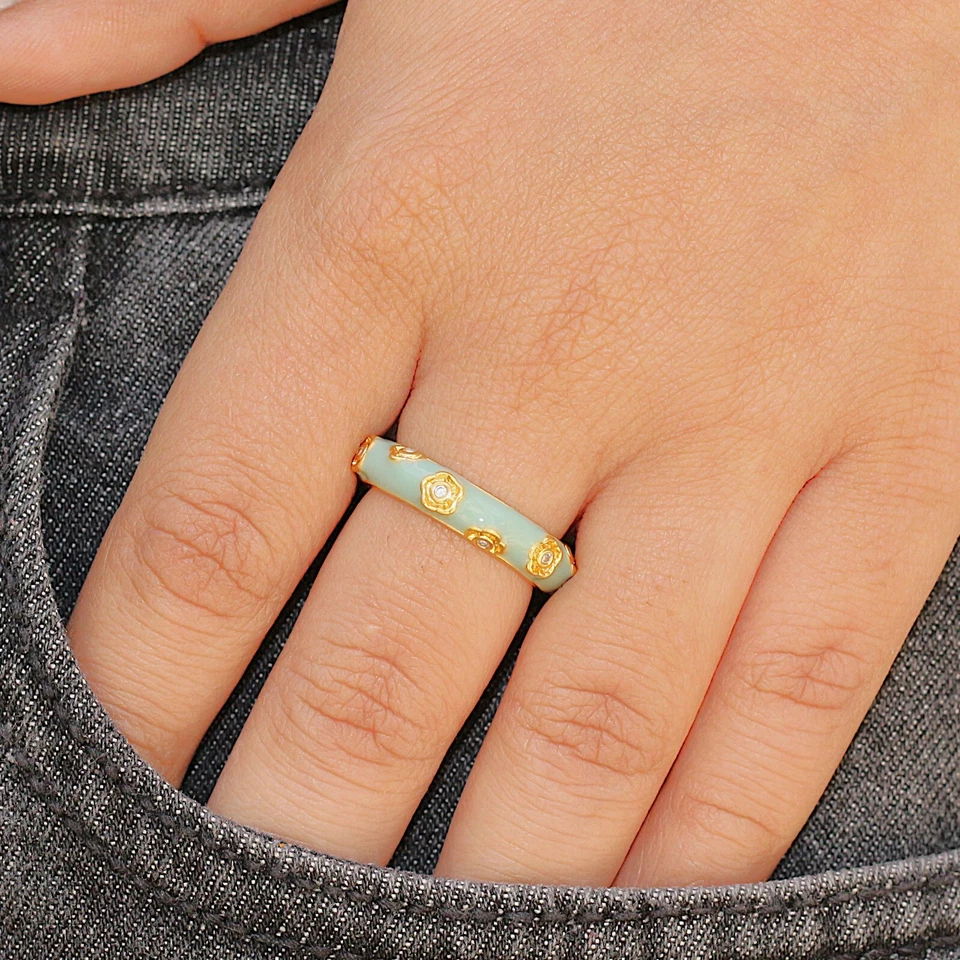 Anillo de latón ajustable mini flor dorada esmaltada amazonita para mujer regalo joyería Foto 4 de 4