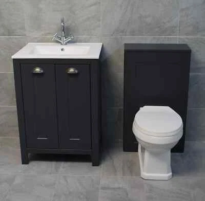 Derby Vanity Sink Basin Storage Unit + Toilet Bathroom Suite - Dark Grey