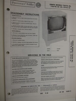 SF 1950's Sams Photofact ZENITH Model Y2671R, RU, Y2672E, EU (Ch. 22Y21, U)  BIS
