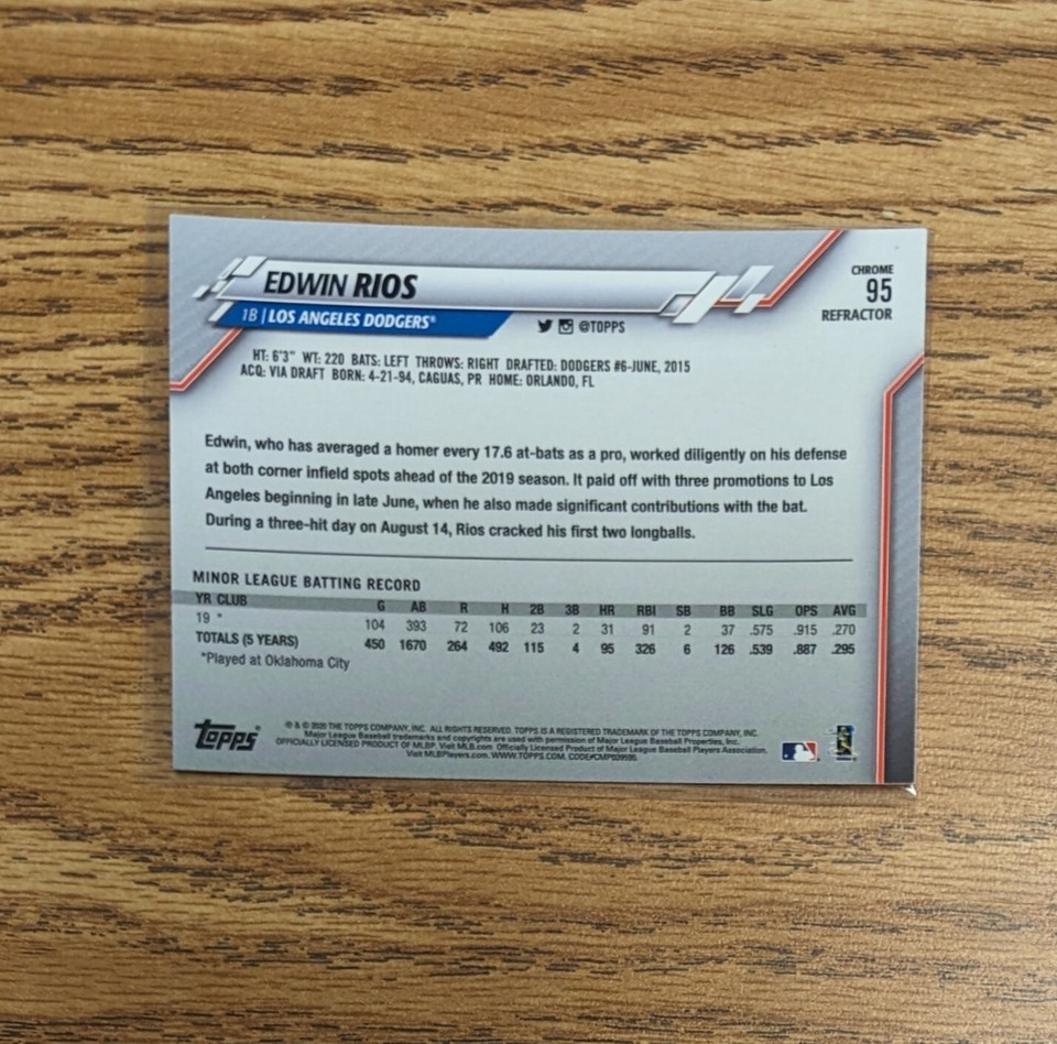 2020 Topps Chrome Edwin Rios Rookie Sepia Refractor #95 Dodgers | eBay