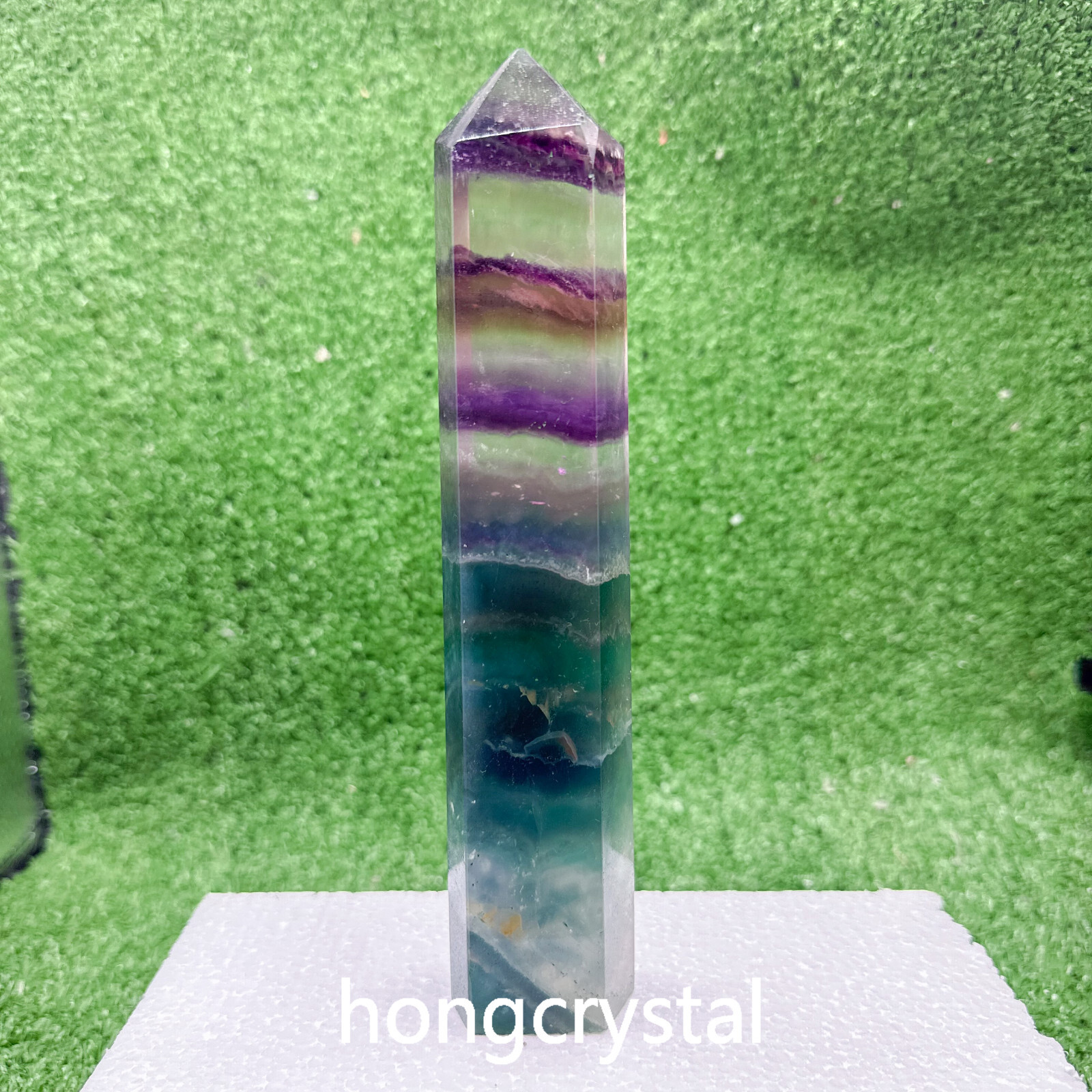 489g NaturalRainbow Fluorite Quartz Crystal Obelisk Wand Tower Point Healing