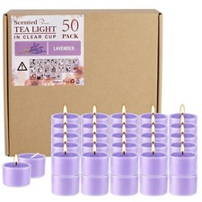 50 Pack Bulk Lavender Scented Tealight Candles in Clear Cup, Purple Wax Votiv...