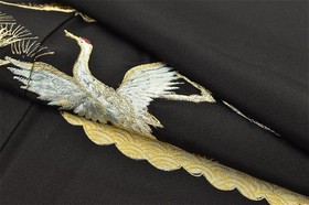 JAPANESE VINTAGE KIMONO SILK JACKET ROBE TOMESODE WEDDING BLACK CRANE 3mt3525