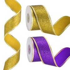 20 Yards x 1.5" Christmas Ribbon, Metallic Wired Ribbon Shine, Purple/Gold