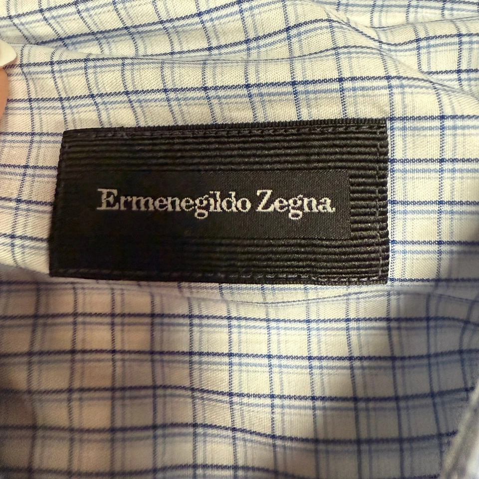 Camisa de vestir Ermenegildo Zegna para hombre 44 17 1/2 manga larga a cuadros azul blanco Foto 2 de 4