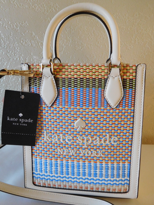 New KATE SPADE Ellie Mini Canvas Multi Straw Tote Crossbody Bag