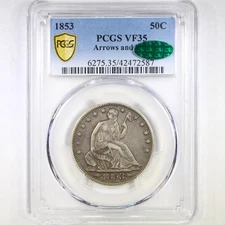 1853 50C Arrows and Rays PCGS/CAC VF35 - Liberty Seated Half Dollar