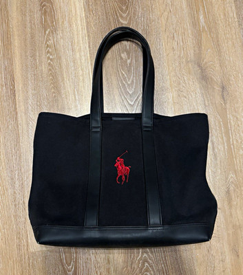 Ralph Lauren Damen Tragetasche Canvas/Leder Schwarz Polo-Logo, Innentaschen
