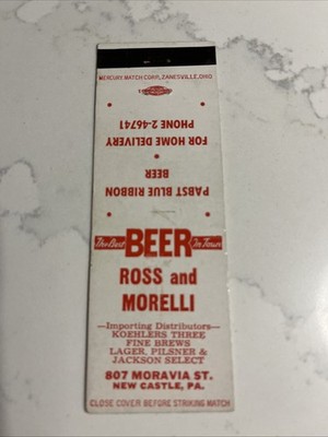 Pabst Blue Ribbon Beer Ross & Morelli New Castle Pennsylvania Matchbook Cover