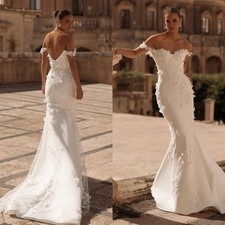 Satin Mermaid Wedding Dress Detachable Train Lace Off Shoulder Bridal Gowns
