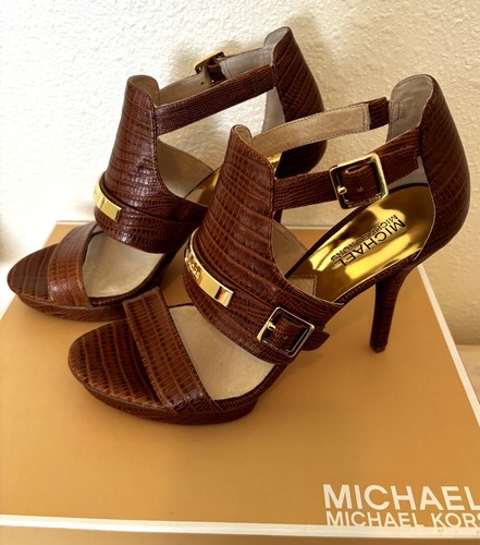 MICHAEL KORS BROWN BARLEY T-STRAP PLATFORM EMBOSSED LEATHER- 8M TRIED ON ONCE! - Picture 4 of 11