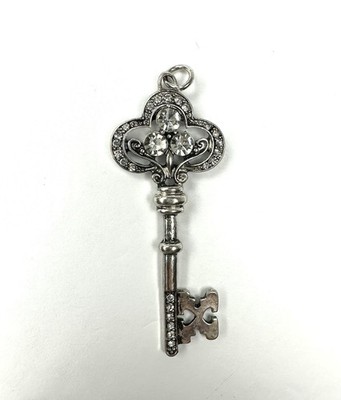 Faux Antique Silver Key Charm Pendant with CZ Stones, 2.25 