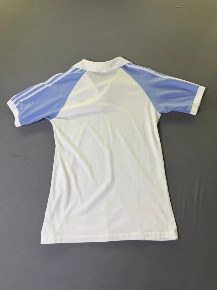 Vintage 1970-80's Adidas Polo Shirt Blue & White Short Sleeve Sportswear SMALL - Image 2 of 4