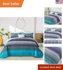 Boho King Quilt Bedding Set, 3 Pieces Soft Bedspread,Blue