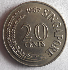 1967 SINGAPORE 20 CENTS - Excellent Coin - FREE SHIP - Bin #348