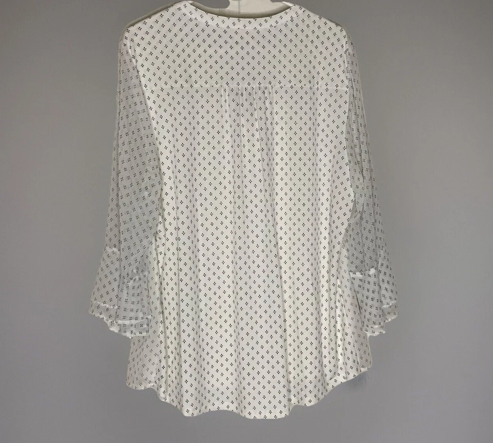 Charter Club Plus Sz XXL White/Blk Polka Dot Pintuck Blouse Sheer Bell Sleeves - Image 4 of 4