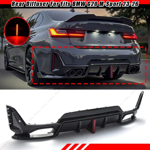Fits BMW G20 M-Sport LCI 2023-26 Gloss Black Rear Lower Diffuser with LED Light