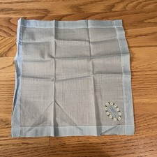 Vintage 50'S "M INITIAL FLORAL EMBROIDERED Blue HANDKERCHIEF HANKY
