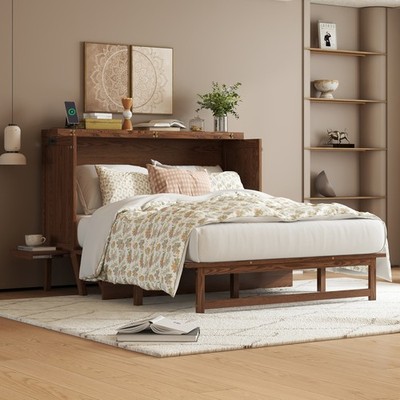 Queen Size Murphy Bed with USB Port and Removable Shelves on Each Side,Solid Pi