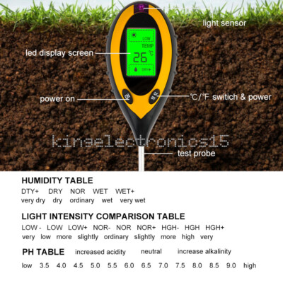 1PCS 4 In 1 LCD Soil Moisture Humidity Temperature Sunlight PH Tester Meter