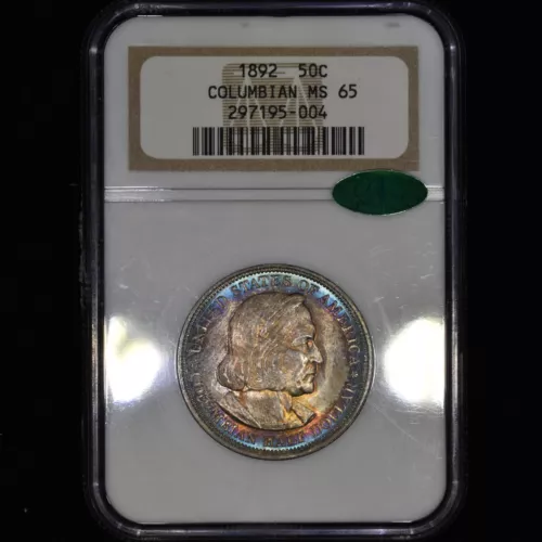 1892 COLUMBIAN HALF DOLLAR ✪ NGC MS-65 CAC ✪ SILVER 50C RAINBOW TONED ◢TRUSTED◣