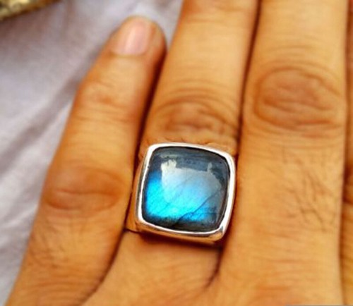 Solid 925 Sterling Silver Natural Fire Labradorite Gemstone Men's Unisex Ring - Picture 2 of 7