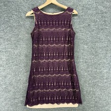 Ronni Nicole Dress Women 4 Purple Geometric Crochet Shift Midi Lined Zipper Mini