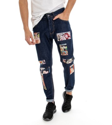 Jeans Uomo Pantalone Denim Scuro Cinque Tasche Fantasia con Toppe Stampa  Dise | eBay