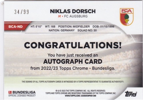2022-23 Topps Chrome Bundesliga Niklas Dorsch Magenta Auto #34/99 Augsburg - Picture 2 of 2