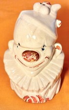 Tarro de galletas con cabeza de payaso blanco de cerámica McCoy vintage con tapa pintura fría años 40 EE. UU.