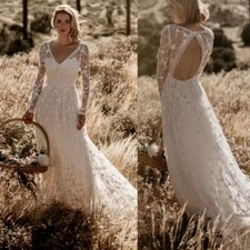 Romantic Bohemian V-Neck Open Back Sweep Train Long Sleeve A-Line 3D Lace Sheath