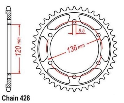 Roue à chaîne 57 dents pas 428 pour moto Yamaha FZR 250 Fazer de 1989 à 1991 en acier